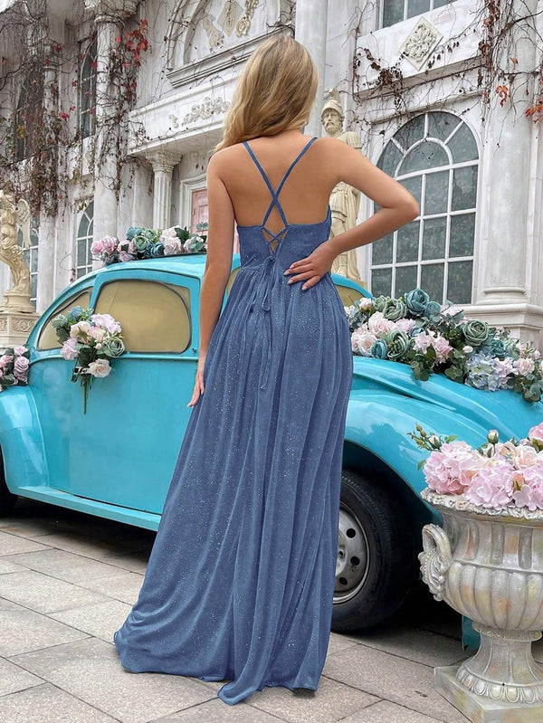 Spaghetti Strap Ruched Tulle Long Prom Dresses with Slit Sparkly Formal Bridesmaid Dresses