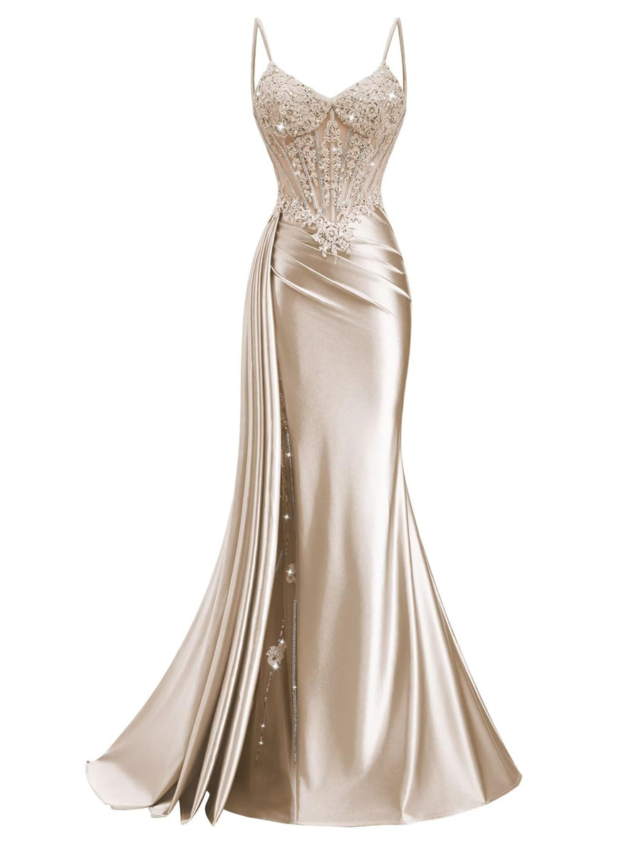 Spaghetti Strap V-Neck Lace Applique Long Formal Prom Dresses with Trail
