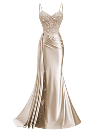 Spaghetti Strap V-Neck Lace Applique Long Formal Prom Dresses with Trail