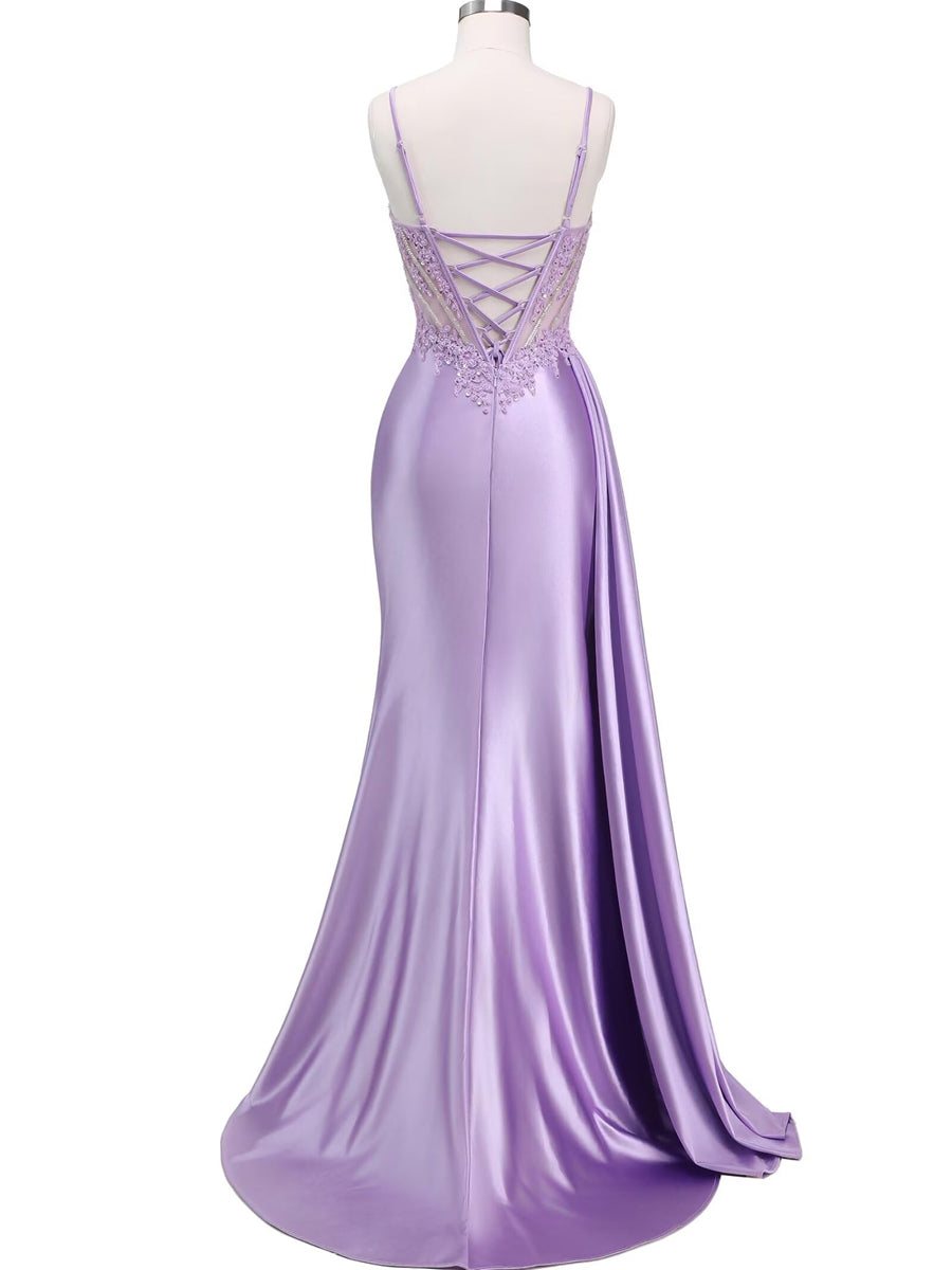 Spaghetti Strap V-Neck Lace Applique Long Formal Prom Dresses with Trail