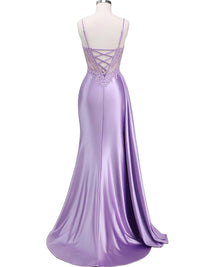 Spaghetti Strap V-Neck Lace Applique Long Formal Prom Dresses with Trail