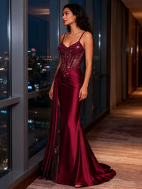 Spaghetti Strap V-Neck Lace Applique Long Formal Prom Dresses with Trail