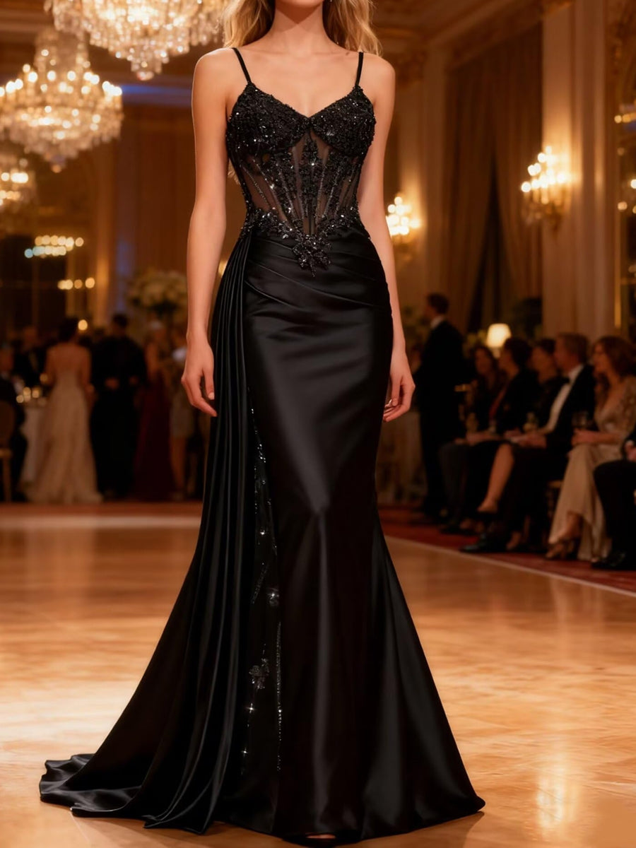 Spaghetti Strap V-Neck Lace Applique Long Formal Prom Dresses with Trail