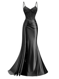 Spaghetti Strap V-Neck Lace Applique Long Formal Prom Dresses with Trail