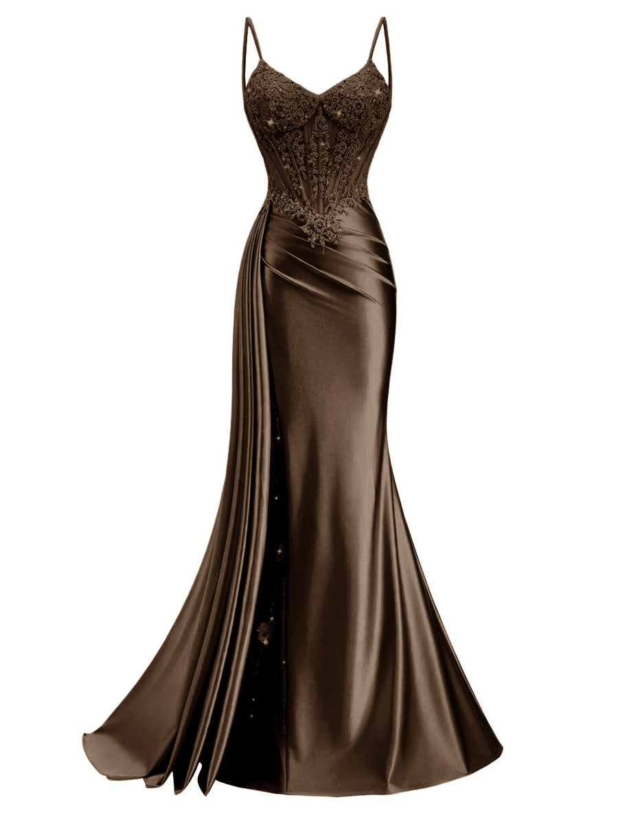 Spaghetti Strap V-Neck Lace Applique Long Formal Prom Dresses with Trail
