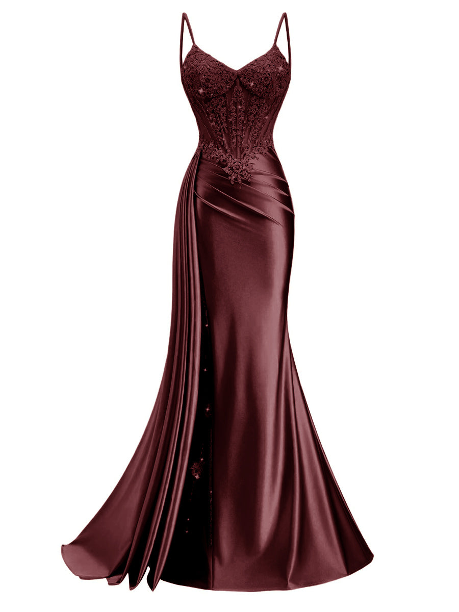 Spaghetti Strap V-Neck Lace Applique Long Formal Prom Dresses with Trail