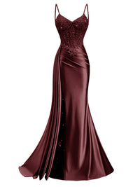 Spaghetti Strap V-Neck Lace Applique Long Formal Prom Dresses with Trail