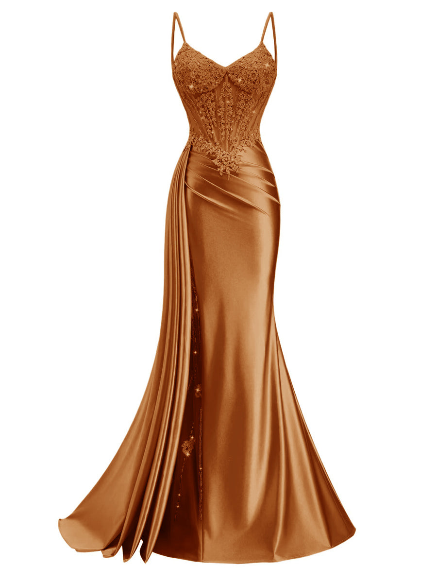 Spaghetti Strap V-Neck Lace Applique Long Formal Prom Dresses with Trail