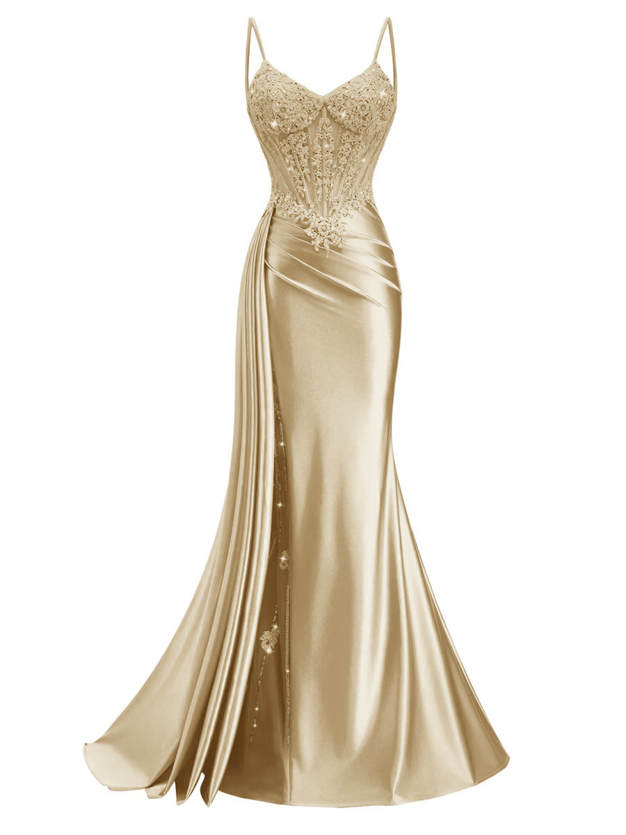Spaghetti Strap V-Neck Lace Applique Long Formal Prom Dresses with Trail