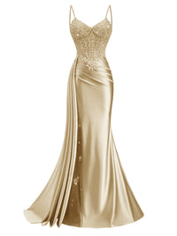 Spaghetti Strap V-Neck Lace Applique Long Formal Prom Dresses with Trail