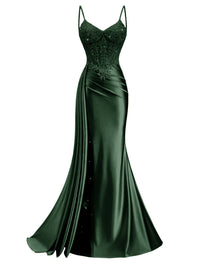 Spaghetti Strap V-Neck Lace Applique Long Formal Prom Dresses with Trail