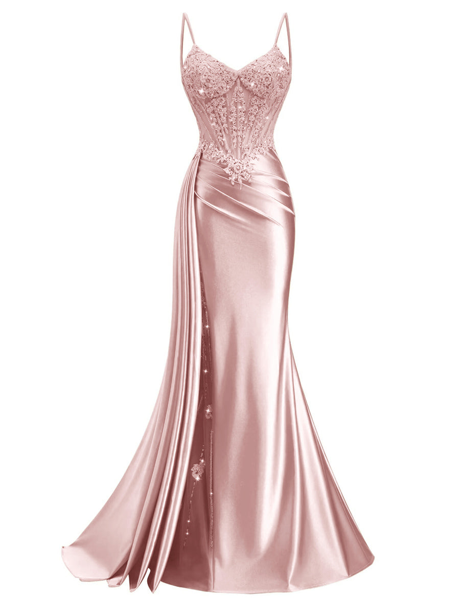 Spaghetti Strap V-Neck Lace Applique Long Formal Prom Dresses with Trail