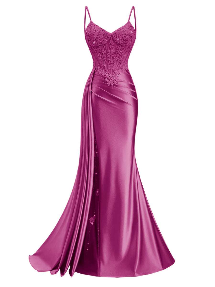 Spaghetti Strap V-Neck Lace Applique Long Formal Prom Dresses with Trail