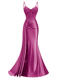 Spaghetti Strap V-Neck Lace Applique Long Formal Prom Dresses with Trail