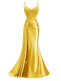 Spaghetti Strap V-Neck Lace Applique Long Formal Prom Dresses with Trail