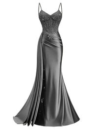 Spaghetti Strap V-Neck Lace Applique Long Formal Prom Dresses with Trail