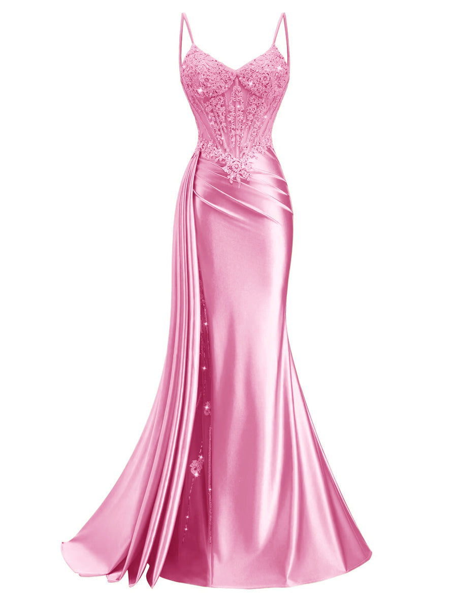 Spaghetti Strap V-Neck Lace Applique Long Formal Prom Dresses with Trail