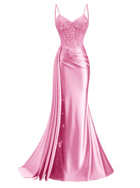 Spaghetti Strap V-Neck Lace Applique Long Formal Prom Dresses with Trail