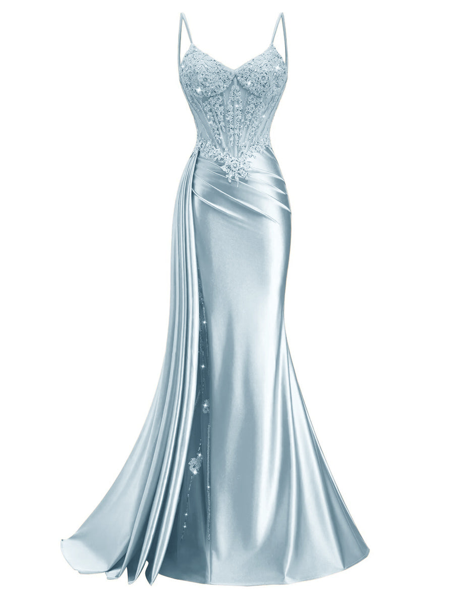 Spaghetti Strap V-Neck Lace Applique Long Formal Prom Dresses with Trail
