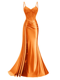 Spaghetti Strap V-Neck Lace Applique Long Formal Prom Dresses with Trail