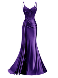 Spaghetti Strap V-Neck Lace Applique Long Formal Prom Dresses with Trail