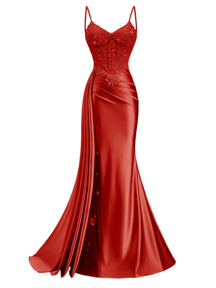 Spaghetti Strap V-Neck Lace Applique Long Formal Prom Dresses with Trail
