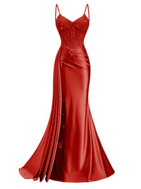 Spaghetti Strap V-Neck Lace Applique Long Formal Prom Dresses with Trail