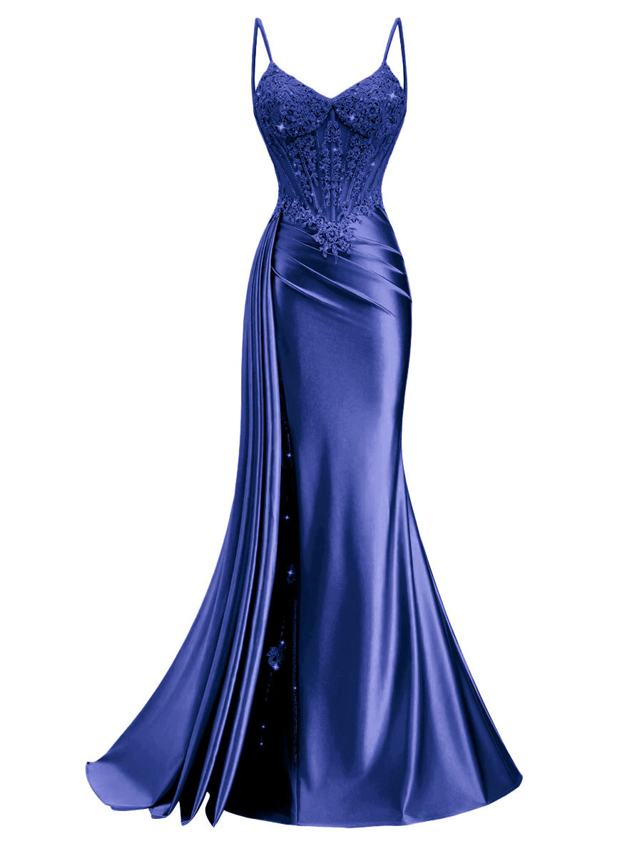 Spaghetti Strap V-Neck Lace Applique Long Formal Prom Dresses with Trail
