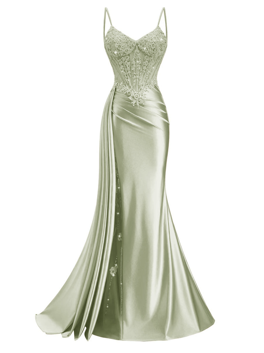 Spaghetti Strap V-Neck Lace Applique Long Formal Prom Dresses with Trail