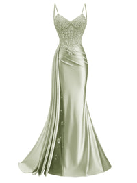 Spaghetti Strap V-Neck Lace Applique Long Formal Prom Dresses with Trail