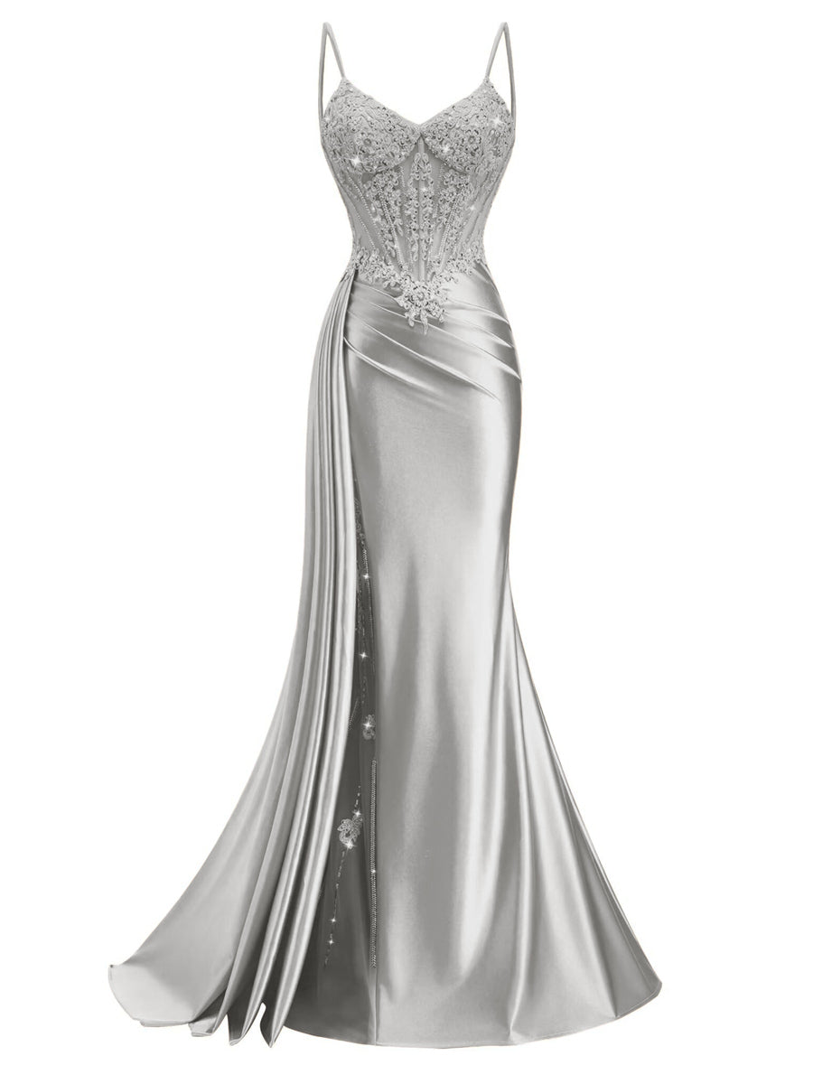 Spaghetti Strap V-Neck Lace Applique Long Formal Prom Dresses with Trail