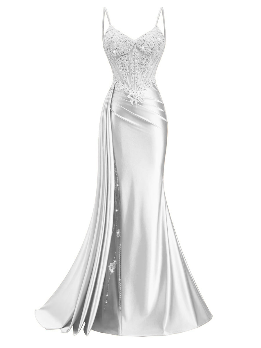 Spaghetti Strap V-Neck Lace Applique Long Formal Prom Dresses with Trail
