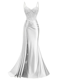 Spaghetti Strap V-Neck Lace Applique Long Formal Prom Dresses with Trail