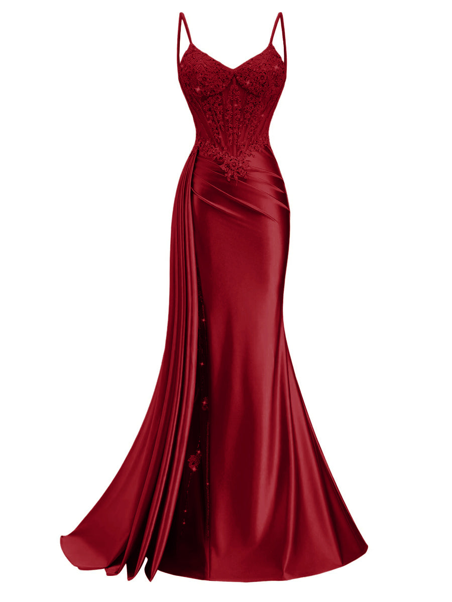 Spaghetti Strap V-Neck Lace Applique Long Formal Prom Dresses with Trail