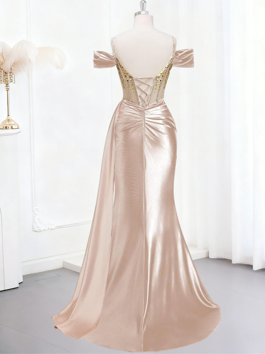 Sparkly Spaghetti Strap V-Neck Off Shoulder Long Formal Prom Dresses with Trail
