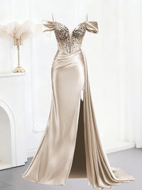 Sparkly Spaghetti Strap V-Neck Off Shoulder Long Formal Prom Dresses with Trail