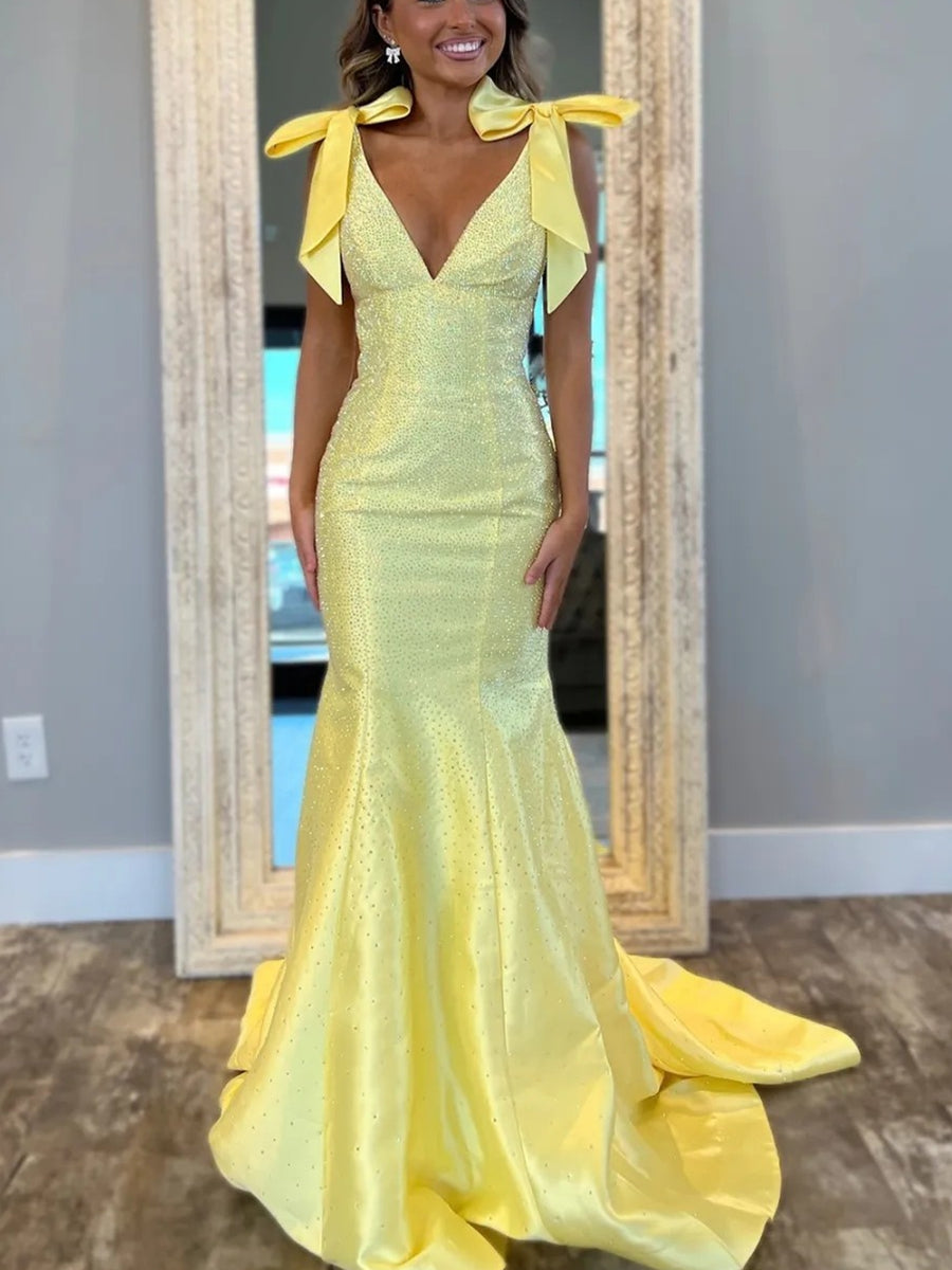 Sparkly V-Neck Bow Strap Beading Long Prom Dresses Mermaid with Train