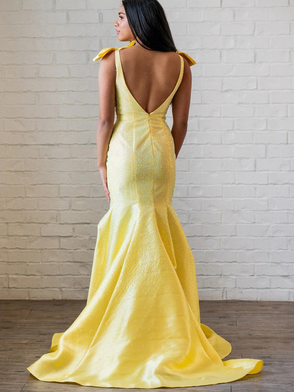 Sparkly V-Neck Bow Strap Beading Long Prom Dresses Mermaid with Train