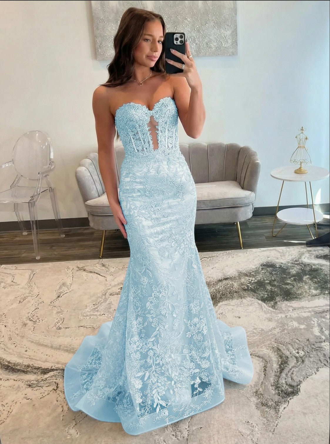 Lace Applique One Shoulder Long Prom Dresses Mermaid Evening Gowns