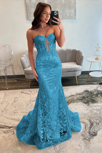 Lace Applique One Shoulder Long Prom Dresses Mermaid Evening Gowns
