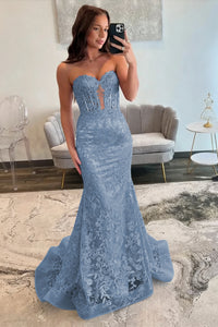 Lace Applique One Shoulder Long Prom Dresses Mermaid Evening Gowns