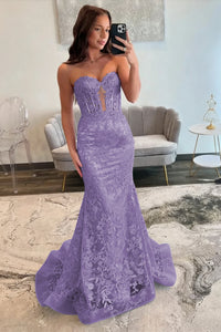 Lace Applique One Shoulder Long Prom Dresses Mermaid Evening Gowns