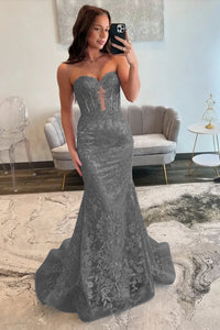 Lace Applique One Shoulder Long Prom Dresses Mermaid Evening Gowns