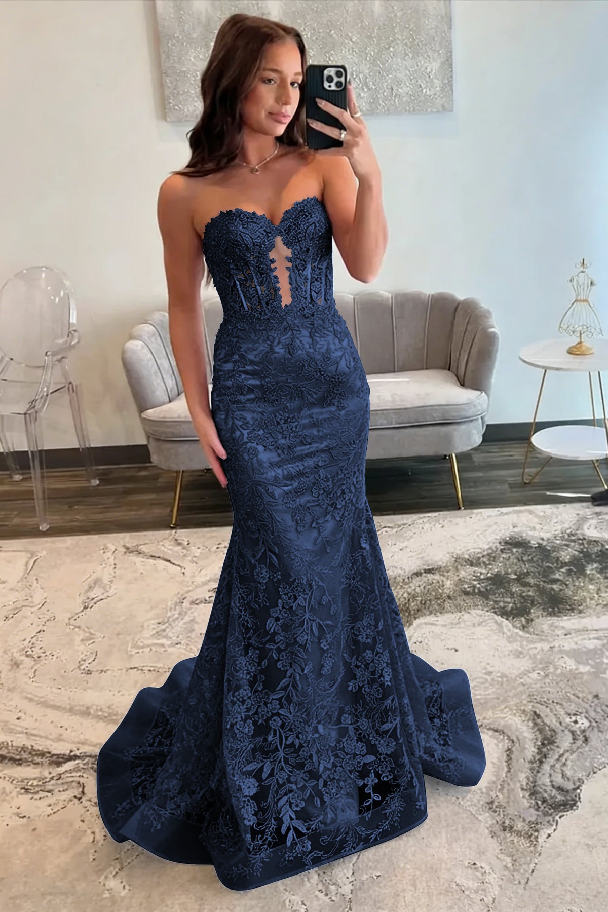 Lace Applique One Shoulder Long Prom Dresses Mermaid Evening Gowns