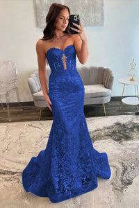 Lace Applique One Shoulder Long Prom Dresses Mermaid Evening Gowns