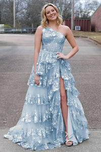 Sparkly Sequin One Shoulder Tiered Long Prom Dresses with Slit