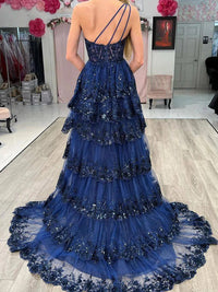 Sparkly Sequin One Shoulder Tiered Long Prom Dresses with Slit