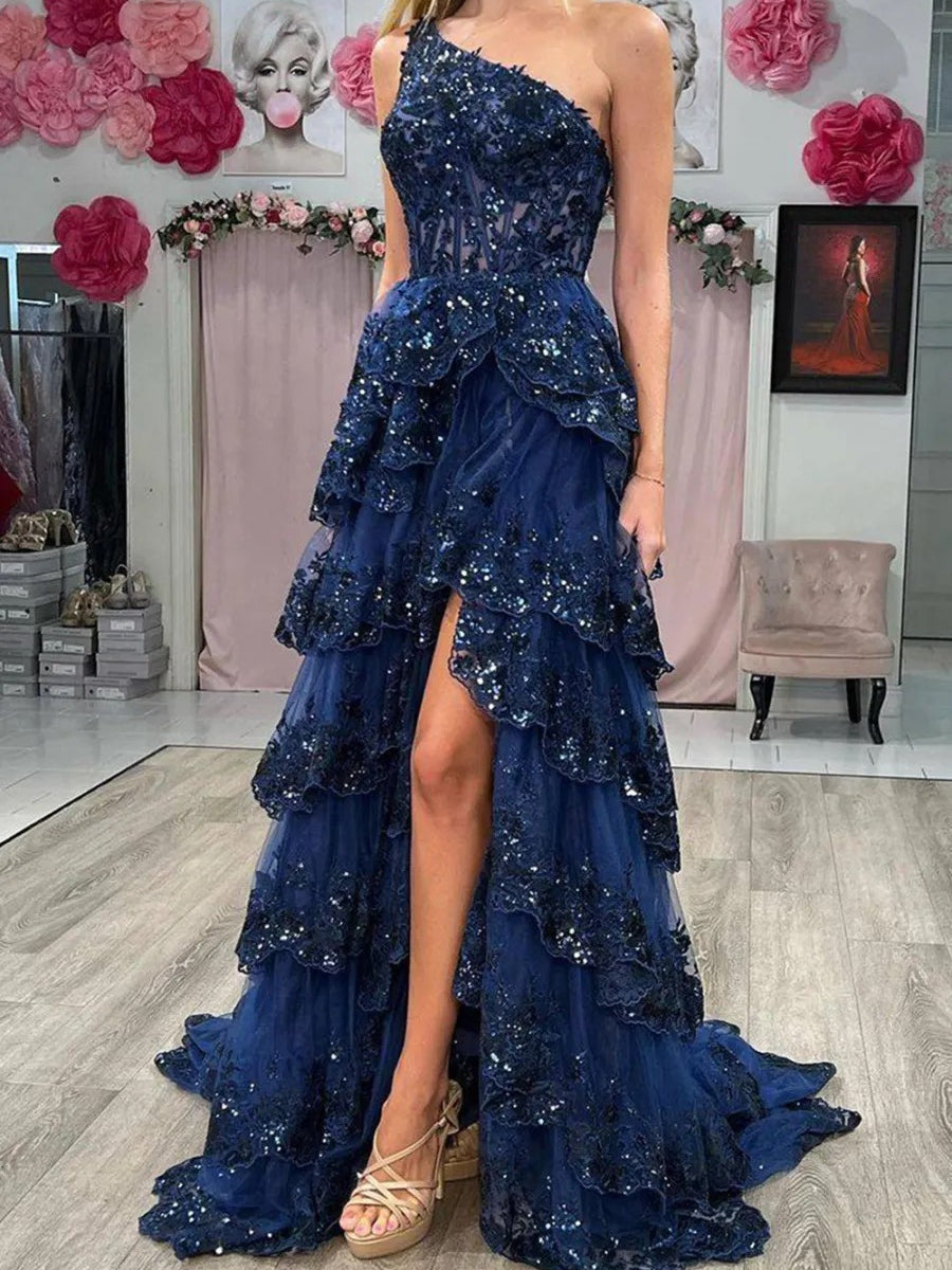 Sparkly Sequin One Shoulder Tiered Long Prom Dresses with Slit