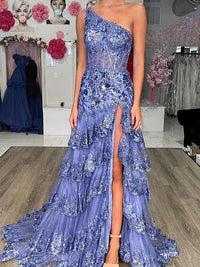 Sparkly Sequin One Shoulder Tiered Long Prom Dresses with Slit