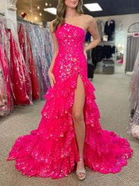 Sparkly Sequin One Shoulder Tiered Long Prom Dresses with Slit